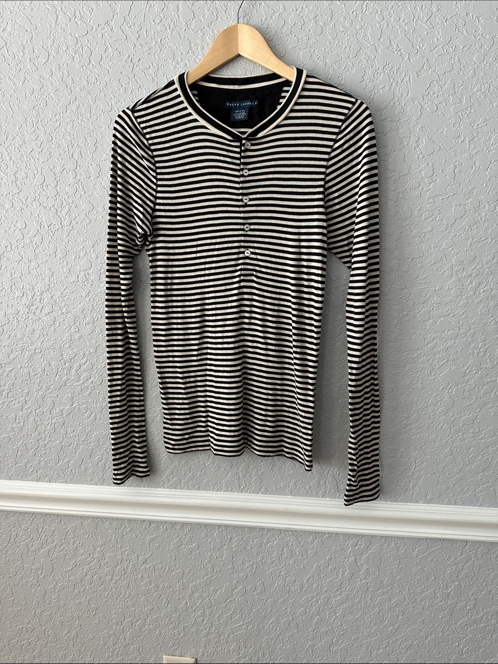 Ralph Lauren Black and White Striped Long Sleeve Henley Tee
